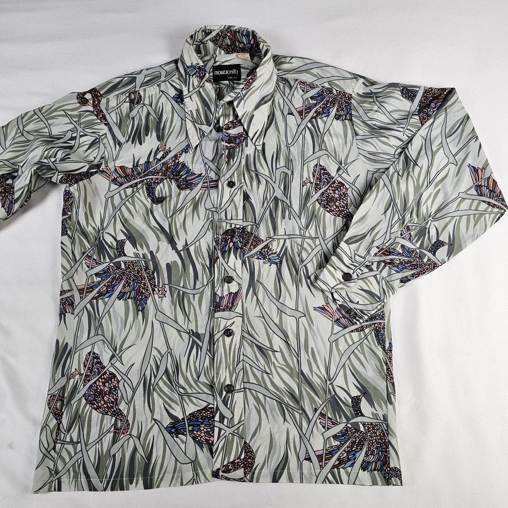 Vtg‎ 70s Monticello Dress Shirt Wide Collar Disco Pheasants In Grass Mens XL 17